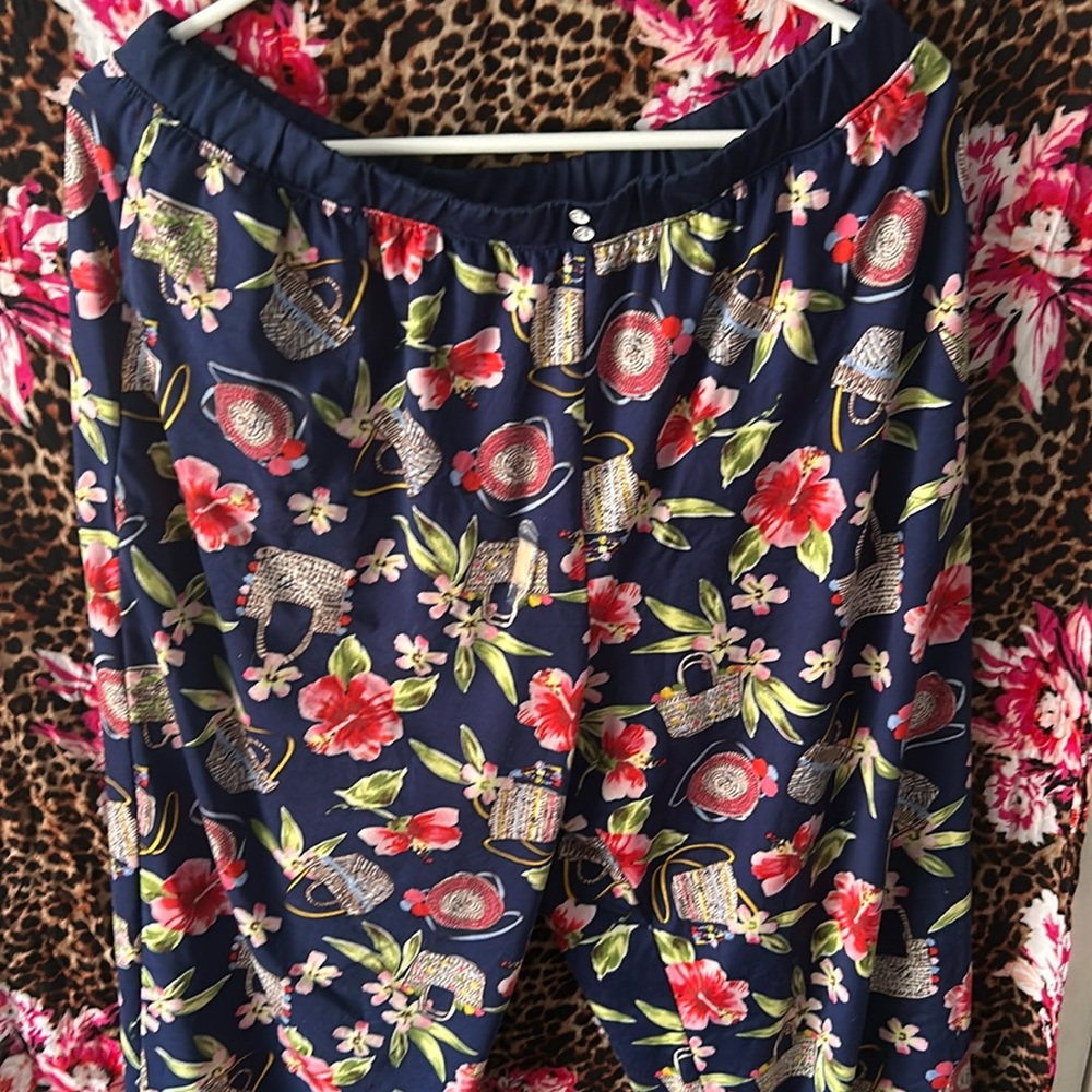 Hawaiian pajama pants, spandex, and polyester